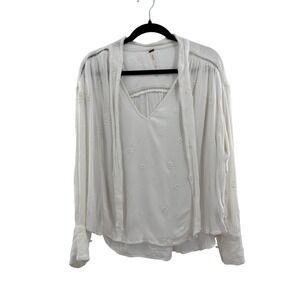 Free People White Embroidered Tie Neck Long Sleeve Blouse Shirt Top Womens Small